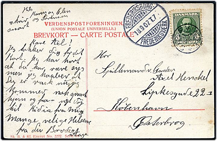 5 øre Fr. VIII på brevkort annulleret med stjernestempel SKJÆVINGE og sidestemplet bureau Frederiksborg - Frederiksværk T.7 d. 18.9.1907 til København.