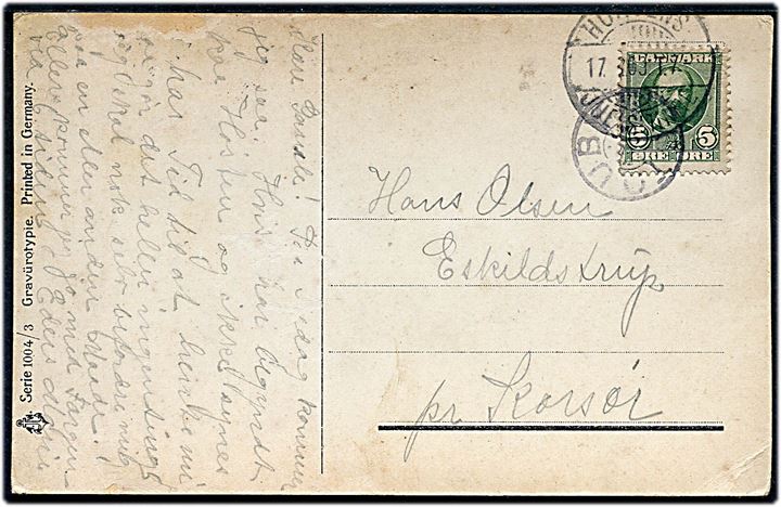 5 øre Fr. VIII på brevkort annulleret med stjernestempel STOUBY og sidestemplet bureau Horsens - Juelsminde T.7 d. 17.3.1909 til Eskildstrup pr. Korsør.