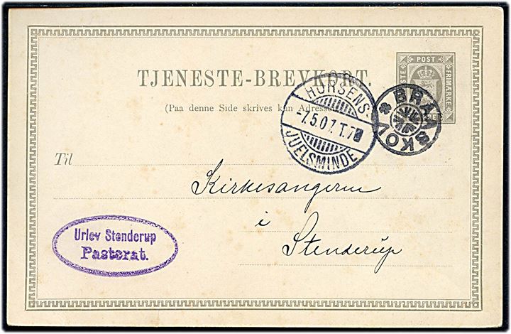 3 øre lokalt helsags tjenestebrevkort fra Urlev Stenderup Pastorat med stjernestempel BRAASKOV og sidestemplet bureau Horsens - Juelsminde T.7 d. 7.5.1907 til Stenderup.