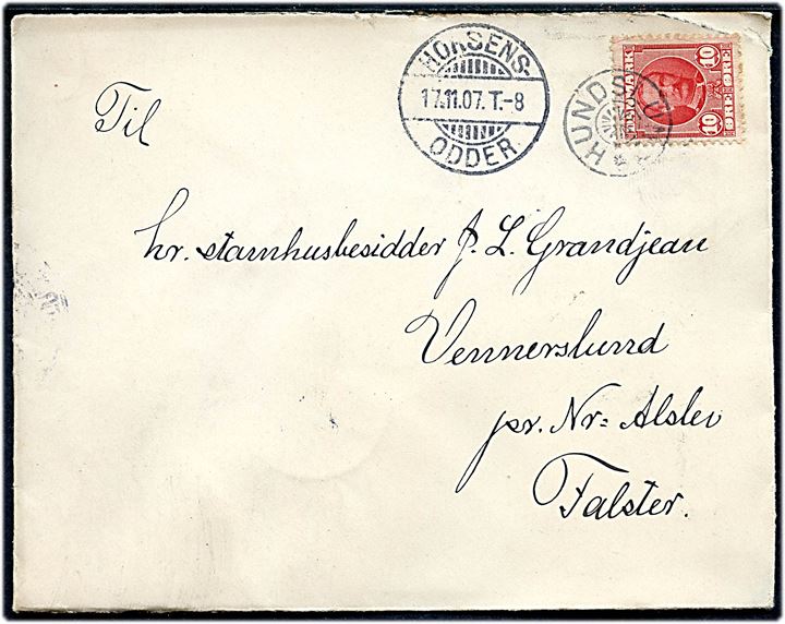 10 øre Fr. VIII på brev annulleret med stjernestempel HUNDSLUND og sidestemplet bureau Horsens - Odder T.8 d. 17.11.1907 til Nr. Alslev.