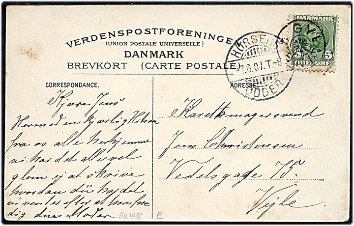 5 øre Fr. VIII på brevkort annulleret med stjernestempel GYLLING og sidestemplet bureau Horsens - Odder T.8 d. 7.6.1907 til Vejle.