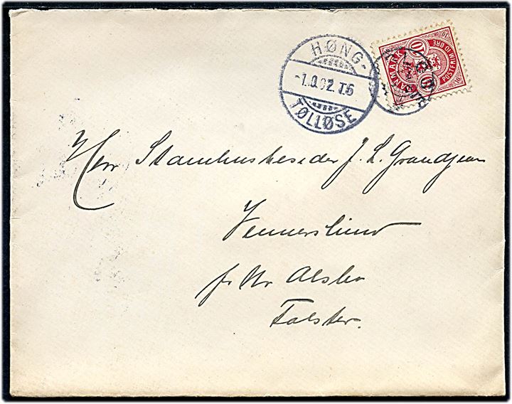 10 øre Våben på brev annulleret med stjernestempel MERLØSE og sidestemplet bureau Høng - Tølløse T.6 d. 1.10.1902 til Nr. Alslev.