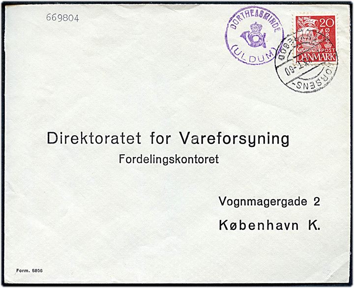 20 øre Karavel på brev annulleret med bureaustempel Horsens - Thyregod T.60 d. 1.2.1943 og sidestemplet med posthornstempel DORTHEASMINDE (ULDUM) til København.
