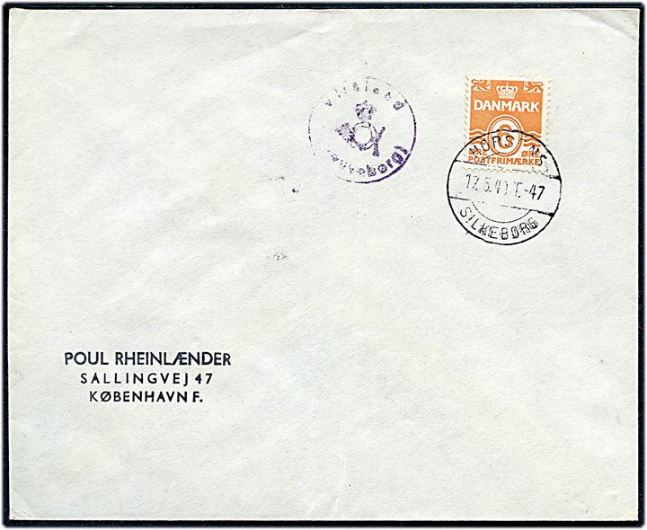 6 øre Bølgelinie på filatelistisk tryksag annulleret med bureaustempel Horsens - Silkeborg T.47 d. 17.5.1949 og sidestemplet med posthornstempel Virklund (Silkeborg) til København.