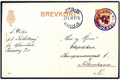 10 øre helsagsbrevkort (fabr. 119) annulleret med posthornstempel KILDEKROG (HORNBÆK) og sidestemplet bureau Helsingør - Gilleleje T.10 d. 29.5.1936 til København.