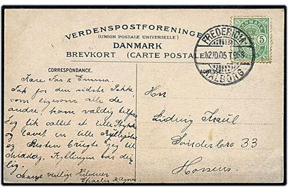 5 øre Våben på brevkort (Aarhus Toldkammer) annulleret med bureaustempel Fredericia - Aalborg T.968 d. 12.10.1905 til Horsens.