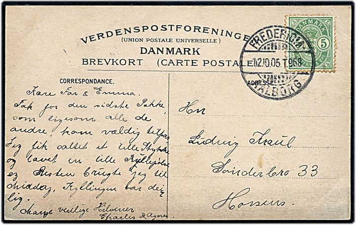 5 øre Våben på brevkort (Aarhus Toldkammer) annulleret med bureaustempel Fredericia - Aalborg T.968 d. 12.10.1905 til Horsens.