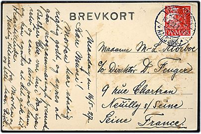 15 øre Karavel på brevkort annulleret med bureaustempel Fredericia - *Aalborg* T.970 d. 16.5.1927 til Neuilly s/Seine, Frankrig.