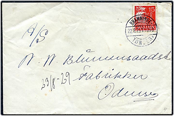 15 øre Karavel på brev fra Esbjerg annulleret med bureaustempel Bramminge - Tønder sn4 T.1063 d. 22.8.1929 til Odense.