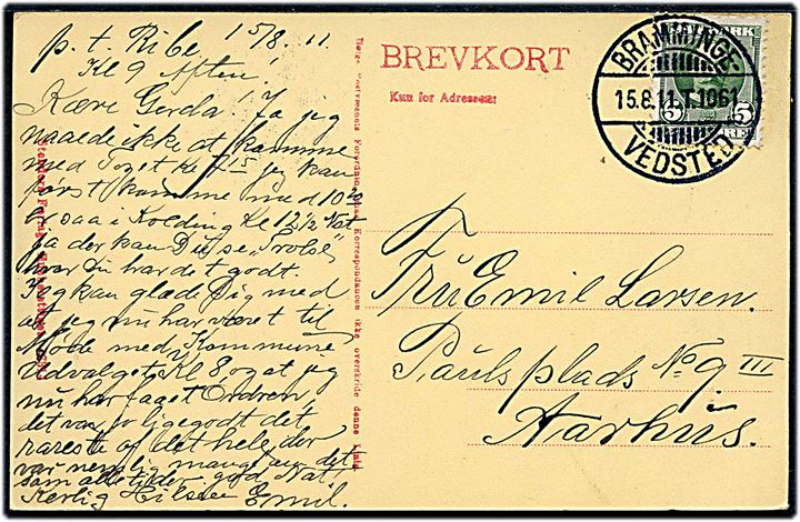 5 øre Fr. VIII på brevkort fra Ribe annulleret med bureaustempel Bramminge - Vedsted T.1061 d. 15.8.1911 til Aarhus.
