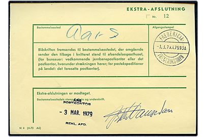 Ekstra-Afslutning formular N4 (4-73 A6) med bureaustempel Fredericia - Frederikshavn T.7593A d. 3.3.1979 til Års.