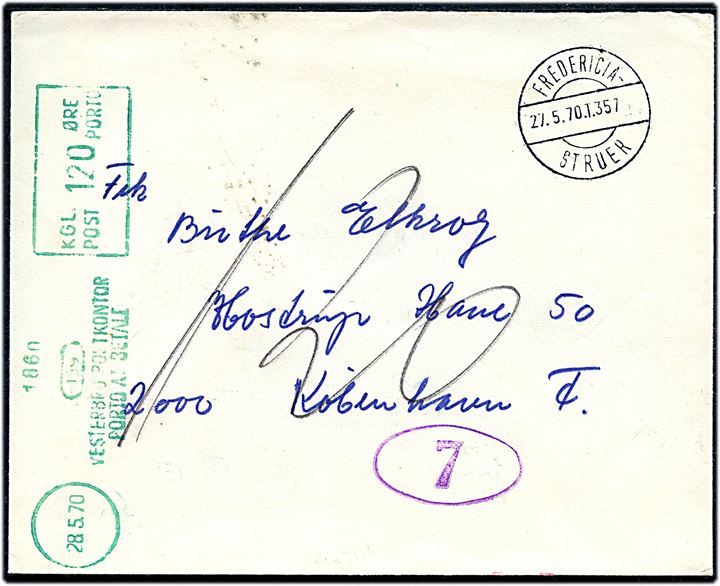 Ufrankeret brev med bureaustempel Fredericia - Struer T.357 d. 27.5.1970 til København. 120 øre grønt portomaskinstempel fra Vesterbros Postkontor d. 28.5.1970.