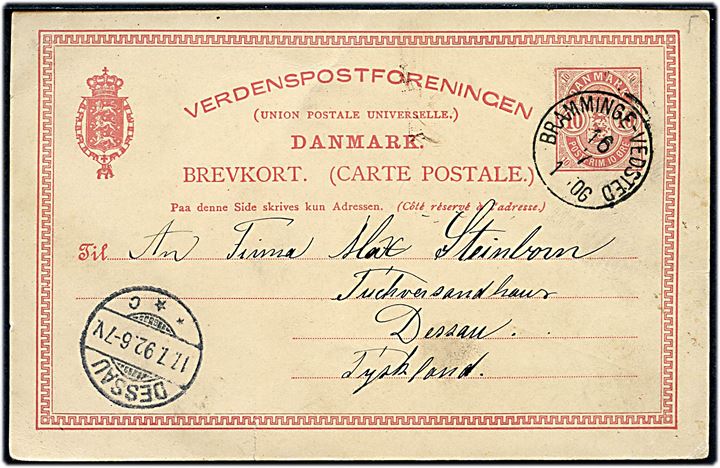 10 øre Våben helsagsbrevkort fra Ribe annulleret med lapidar bureaustempel Bramminge - Vedsted d. 16.7.1892 til Dessau, Tyskland.