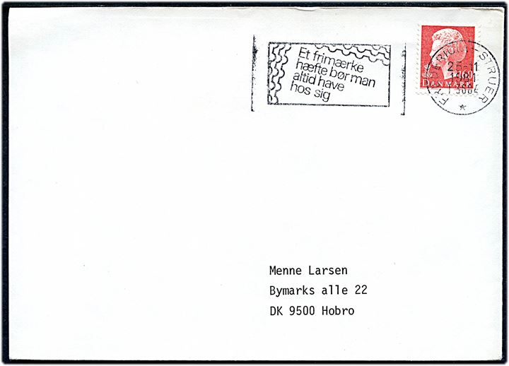 160 øre Margrethe på brev annulleret med bureau TMS Et frimærke hæfte bør man altid have hos sig/Fredericia - Struer T.3684 d. 25.1.1981 til Hobro.