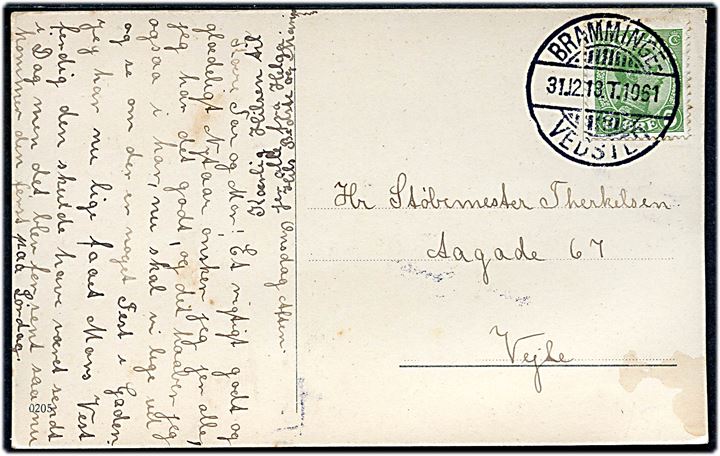 5 øre Chr. X på brevkort annulleret med bureaustempel Bramminge - Vedsted T.1061 d. 31.12.1918 til Vejle.