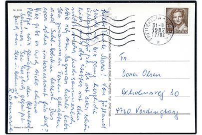 1,80 kr. Margrethe på brevkort fra Agger annulleret med bureau maskinstempel Fredericia - Struer T.7782 d. 31,8,1982 til Vordingborg.