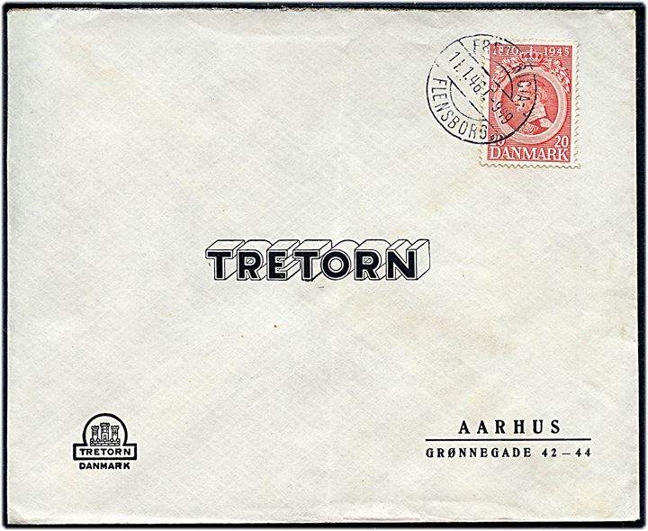 20 øre Chr. X 75 år på brev annulleret med bureaustempel Fredericia - Flensborg sn4 T.949 d. 11.1.1946 til Aarhus.