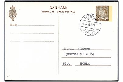 50 øre Fr. IX helsagsbrevkort annulleret med bureaustempel Fredericia - Ålborg T.20 d. 8.6.1969 til Hobro.