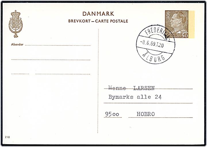 50 øre Fr. IX helsagsbrevkort annulleret med bureaustempel Fredericia - Ålborg T.20 d. 8.6.1969 til Hobro.