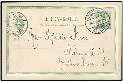 5 øre Våben helsagsbrevkort fra Hjørring annulleret med bureaustempel Fredericia - Aalborg T.186 d. 24.3.1901 til Kjøbenhavn.