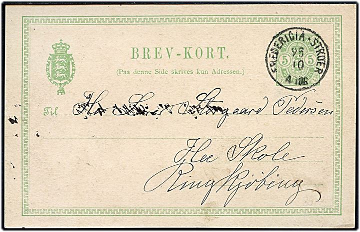 5 øre Våben helsagsbrevkort dateret i Rydbjerg annulleret med lapidar bureaustempel Fredericia - Struer d. 26.10.1894 til He skole pr. Ringkjøbing.