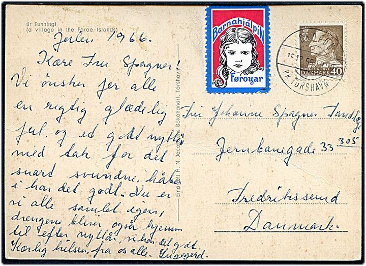 40 øre Fr. IX og Barnahjalpin Føroyar mærke på brevkort annulleret med pr.-stempel Skopun pr. Tórshavn d. 15.12.1966 til Frederikssund, Danmark.