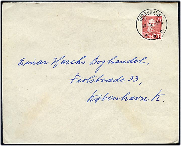20 øre Chr. X på brev annulleret med smukt brotype IIIg Thorshavn d. 14.11.1948 (= søndag) til København.