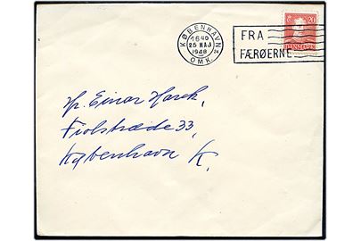20 øre Chr. X på brev fra Hoyvik pr. Thorshavn annulleret med skibsstempel TMS Fra Færøerne/København OMK.24 d. 25.5.1948 til København.