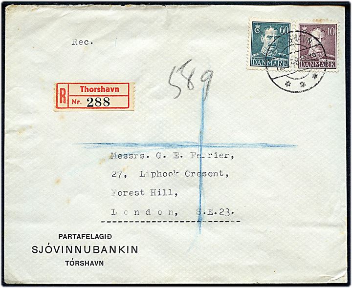 10 øre og 60 øre Chr. X på anbefalet brev fra Thorshavn d. 12.4.1948 til London, England.