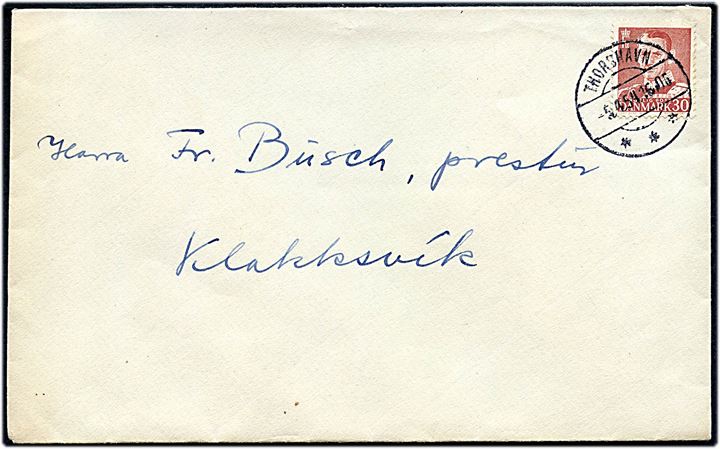 30 øre Fr. IX på brev annulleret med brotype IId Thorshavn d. 5.4.1954 til Klaksvig.
