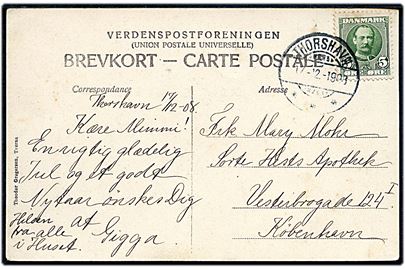 5 øre Fr. VIII på brevkort (Skarvetange) annulleret med brotype Ig Thorshavn d. 17.12.1908 til København.