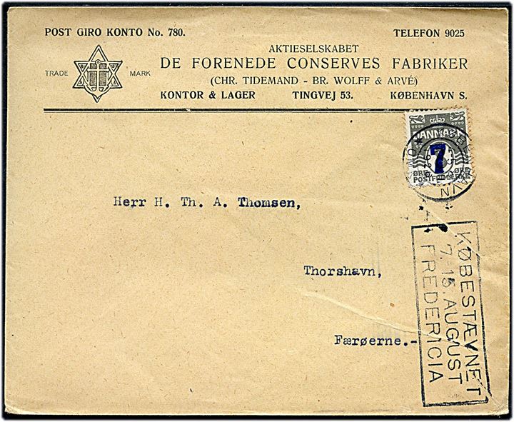 7/8 øre Provisorium på tryksag annulleret med TMS Købestævnet 7.-15. August Fredericia/København *OMK.* d. 17.7.1926 til Thorshavn, Færøerne. 