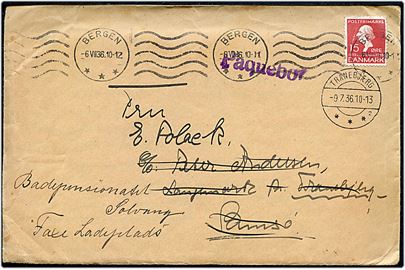 15 øre H. C. Andersen på brev med indhold fra Thorshavn annulleret med norsk stempel i Bergen d. 6.7.1936 og sidestemplet Paquebot til Tranebjerg på Samsø, Danmark - eftersendt fra Tranebjærg sn2 d. 9.7.1936 til Faxe Ladeplads.