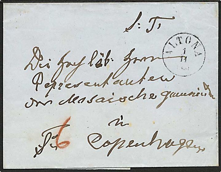 Ufrankeret brev stemplet Altona d. 1.11. ca. 1861 til det mosaiske samfund i København. Påskrevet 6 skilling porto.