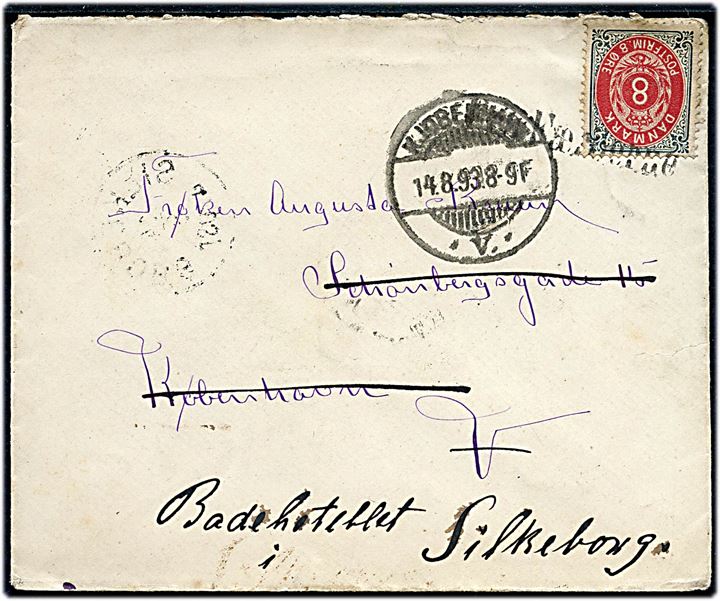 8 øre Tofarvet på skibsbrev annulleret Fra Færöerne og sidestemplet Kjøbenhavn *V.* d. 14.8.1893 til Kjøbenhavn - eftersendt til Silkeborg.