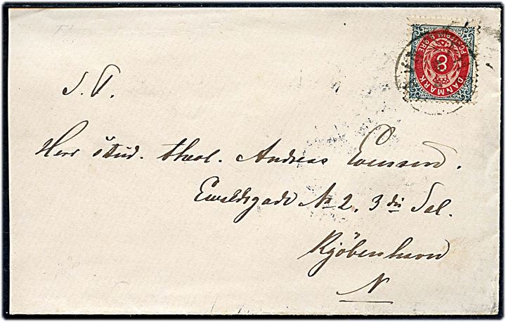 8 øre Tofarvet på brev annulleret lapidar Thorshavn d. 3.5.1895 til Kjøbenhavn. På bagsiden ank.stemplet K. OMB.2 d. 14.5.1895.