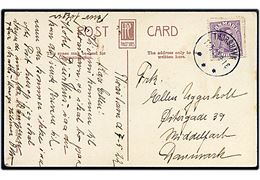 15 øre Chr. X på brevkort (Havneparti fra Leith, Scotland) annulleret med brotype IIIb Thorshavn d. 11.5.1922 til Middelfart.