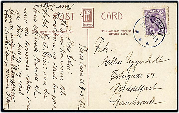 15 øre Chr. X på brevkort (Havneparti fra Leith, Scotland) annulleret med brotype IIIb Thorshavn d. 11.5.1922 til Middelfart.