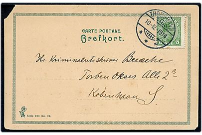 5 øre Chr. X på brevkort annulleret med brotype Ig Thorshavn d. 10.12.1914 til København. Hj. skade.
