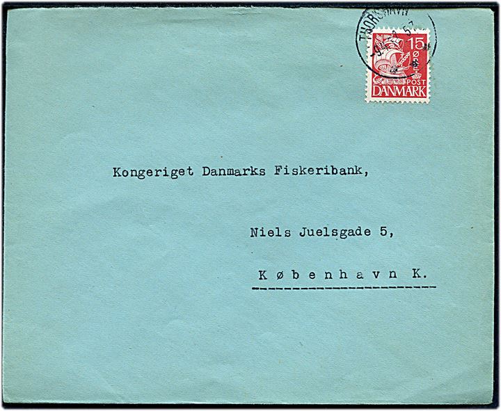 15 øre Karavel på brev annulleret med brotype IIIc Thorshavn d. 9.4.1938 til København.