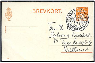 10 øre helsagsbrevkort (fabr. 120) annulleret med smukt klipfiskstempel Thorshavn d. 9.7.1936 til Solvang Badehotel pr. Faxe Ladeplads.