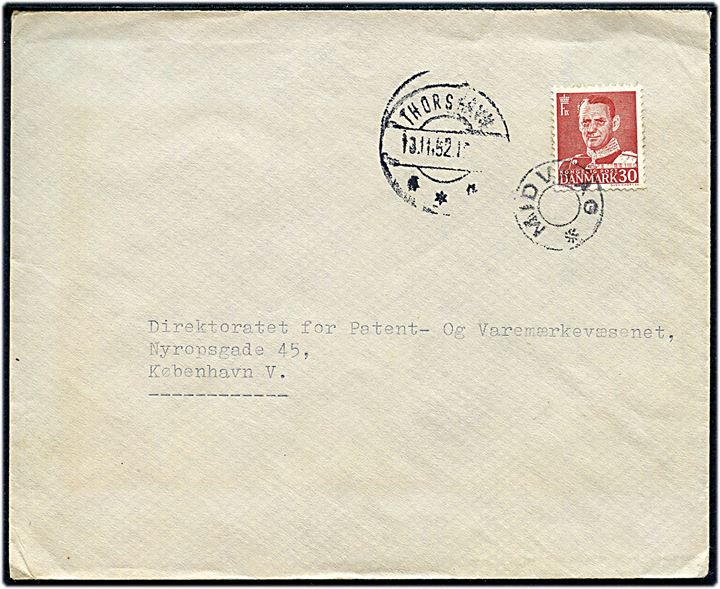 30 øre Fr. IX på brev annulleret med udslebet stjernestempel MIDVAAG og sidestemplet Thorshavn d. 13.11.1952 til København.