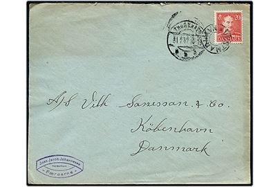 20 øre Chr. X på brev annulleret med uldent udslebet stjernestempel VESTMANHAVN og sidestemplet Thorshavn d. 31.2.1947 til København.