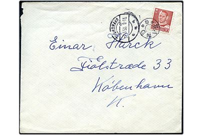 20 øre Fr. IX på brev annulleret med udslebet stjernestempel SAND og sidestemplet Thorshavn d. 7.3.1950 til København.