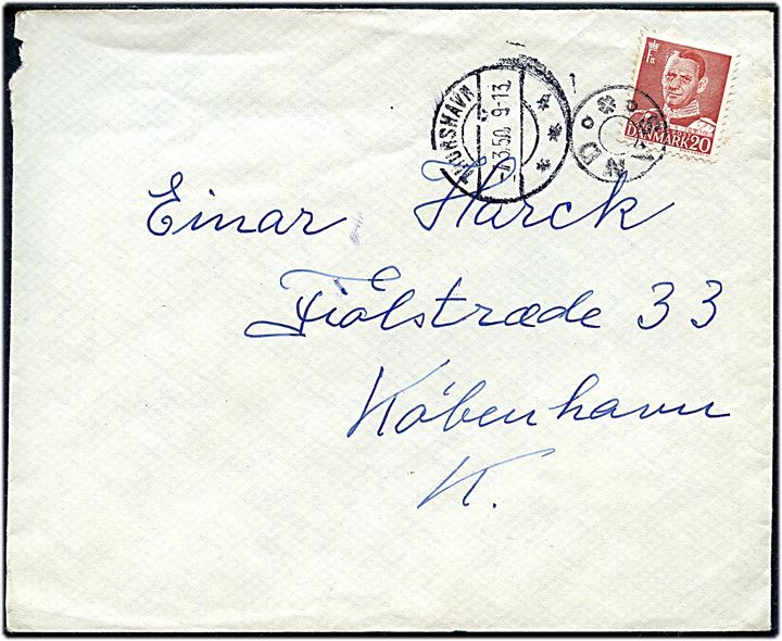 20 øre Fr. IX på brev annulleret med udslebet stjernestempel SAND og sidestemplet Thorshavn d. 7.3.1950 til København.