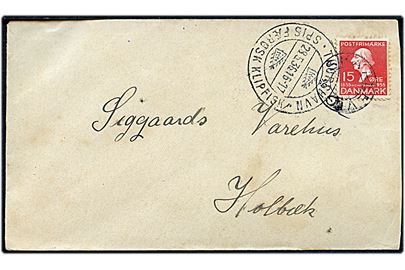 15 øre H. C. Andersen på brev annulleret med udslebet stjernestempel SKAALEVIG og sidestemplet med klipfiskstempel i Thorshavn d. 28.5.1936 til Holbæk.
