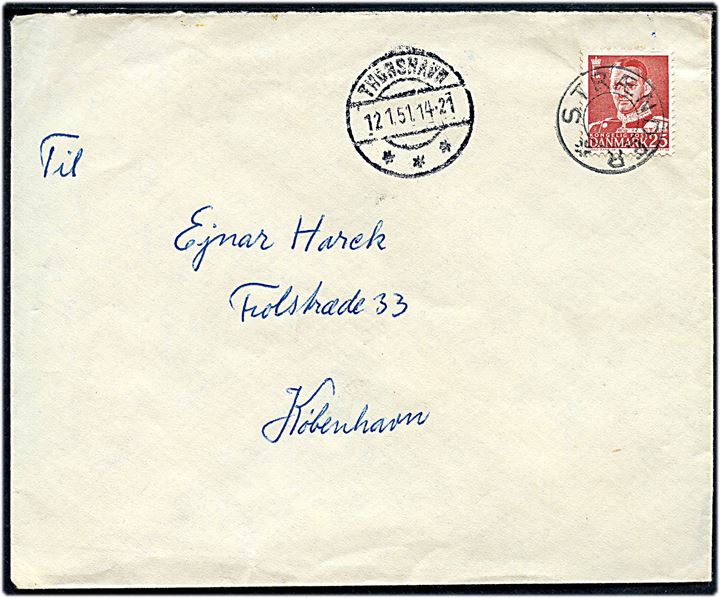 25 øre Fr. IX på brev annulleret med udslebet stjernestempel STRÆNDER og sidestemplet Thorshavn d. 12.1.1951 til København.