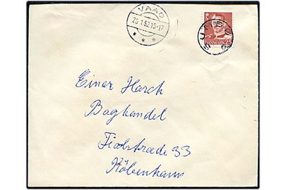 25 øre Fr. IX på brev annulleret med udslebet stjernestempel SUMBØ og sidestemplet Vaag d. 25.1.1952 til København.