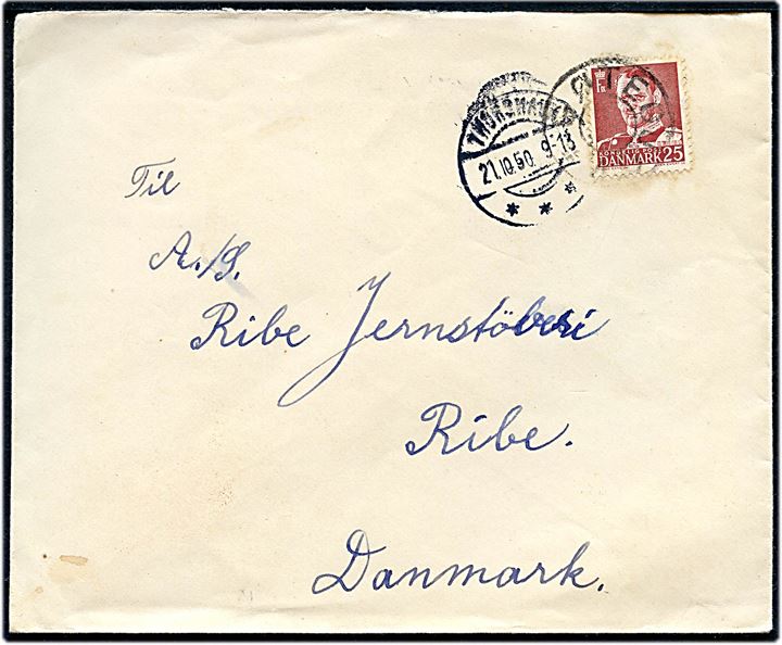 25 øre Fr. IX på brev annulleret med uldent udslebet stjernestempel GØTEGJOV og sidestemplet Thorshavn d. 21.10.1950 til Ribe.