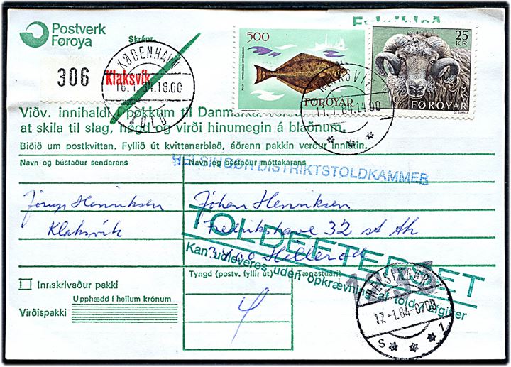 5 kr. Fisk og 25 kr. Vædder på adressekort for pakke fra Klaksvik d. 11.1.1984 til Hillerød.